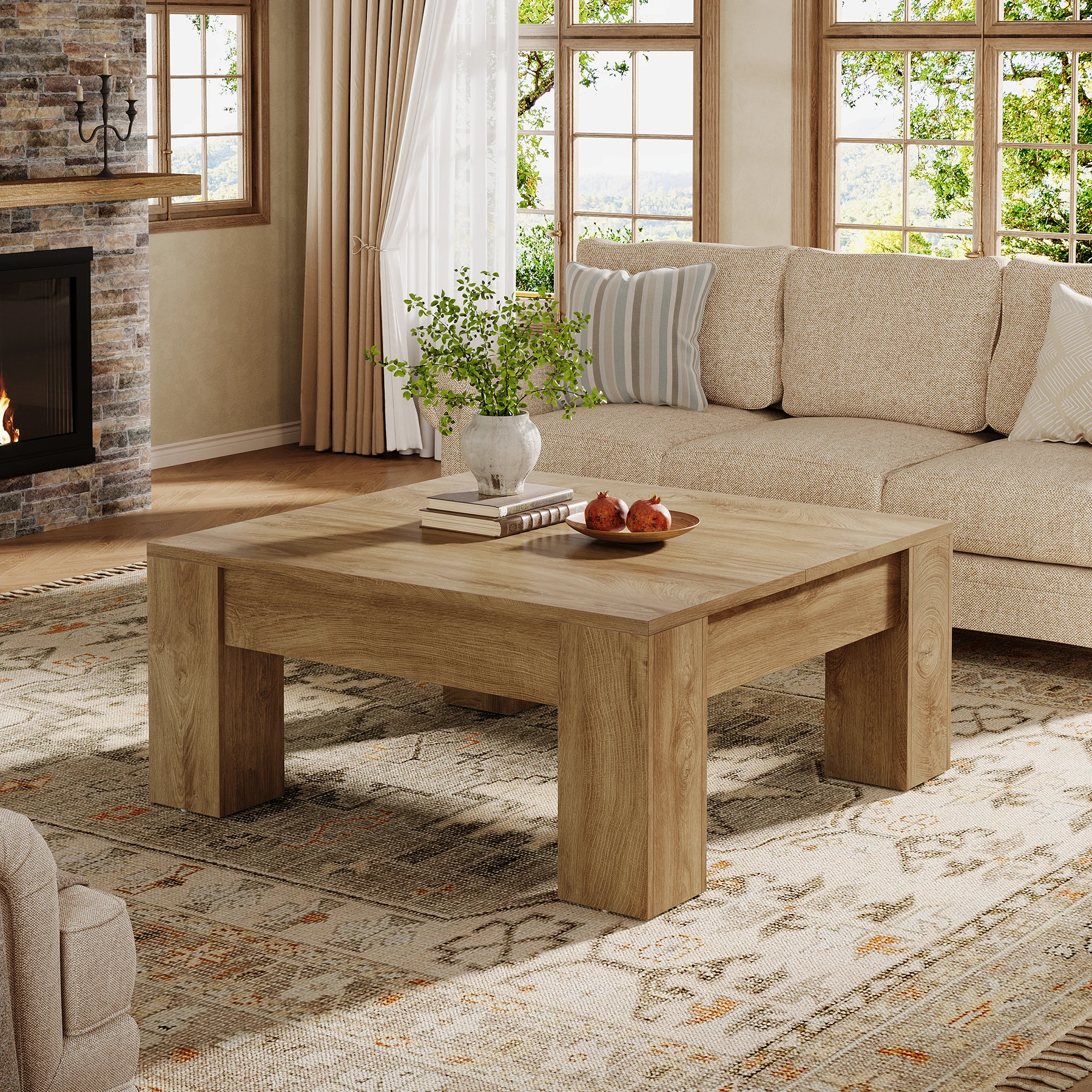 #ji Tribesigns 100cm Square Coffee Table Sturdy Wood Legs Light Brown Living Room Furniture Side Table For Balcony Office