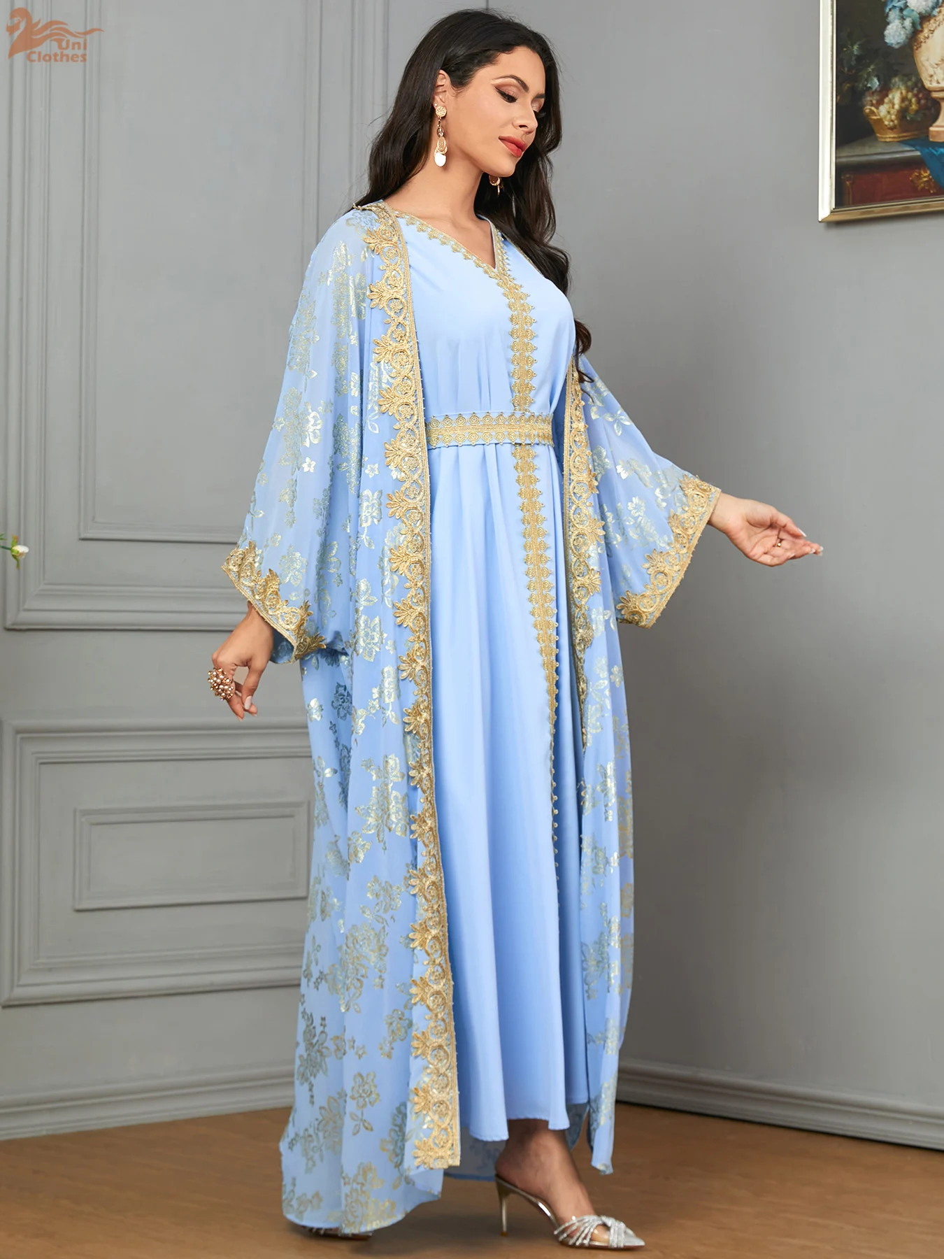 Eid Muslim Party Dress for Women Abaya with Inner Dress 2 Piece Set Jalabiya Ramadan Abayas Robe Caftan Vestidos Largos 2024