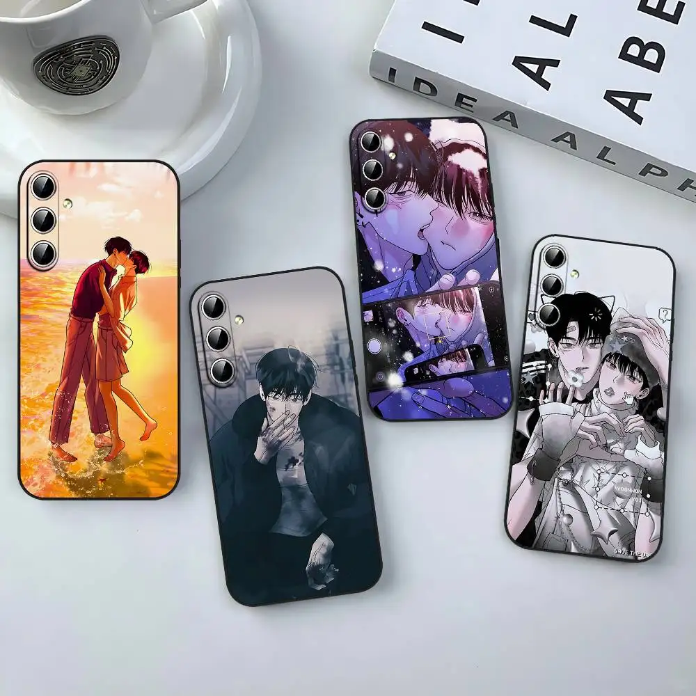 Manhwa M-monday Saviour Niedliche Schwarze Silikon-Handyhülle für Samsung S24, S25, 22, 30, Note20, Lite, Ultra, 5G, Plus, FE