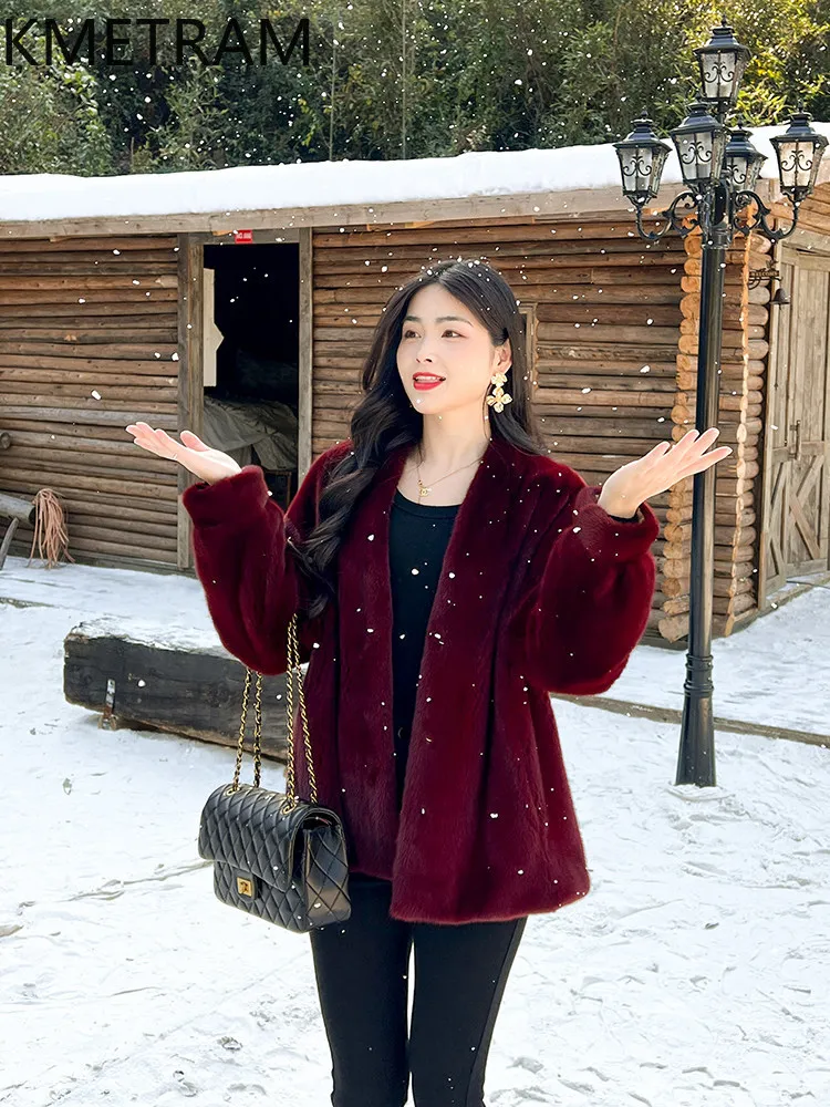 KMETRAM Samt-ähnliche 100% Natürliche Nerzpelz-Jacken Damen Mode V-Ausschnitt Echte Nerzpelz-Mantel Winterjacke Damenkleidung 2026
