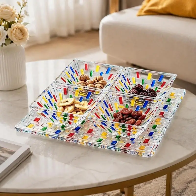 Woven Crystal Glass Serving Bowl Set with 4Pcs Square Bowls and Matching Tray, Hand-Painted Multicolored Basketweave Accent 87HA