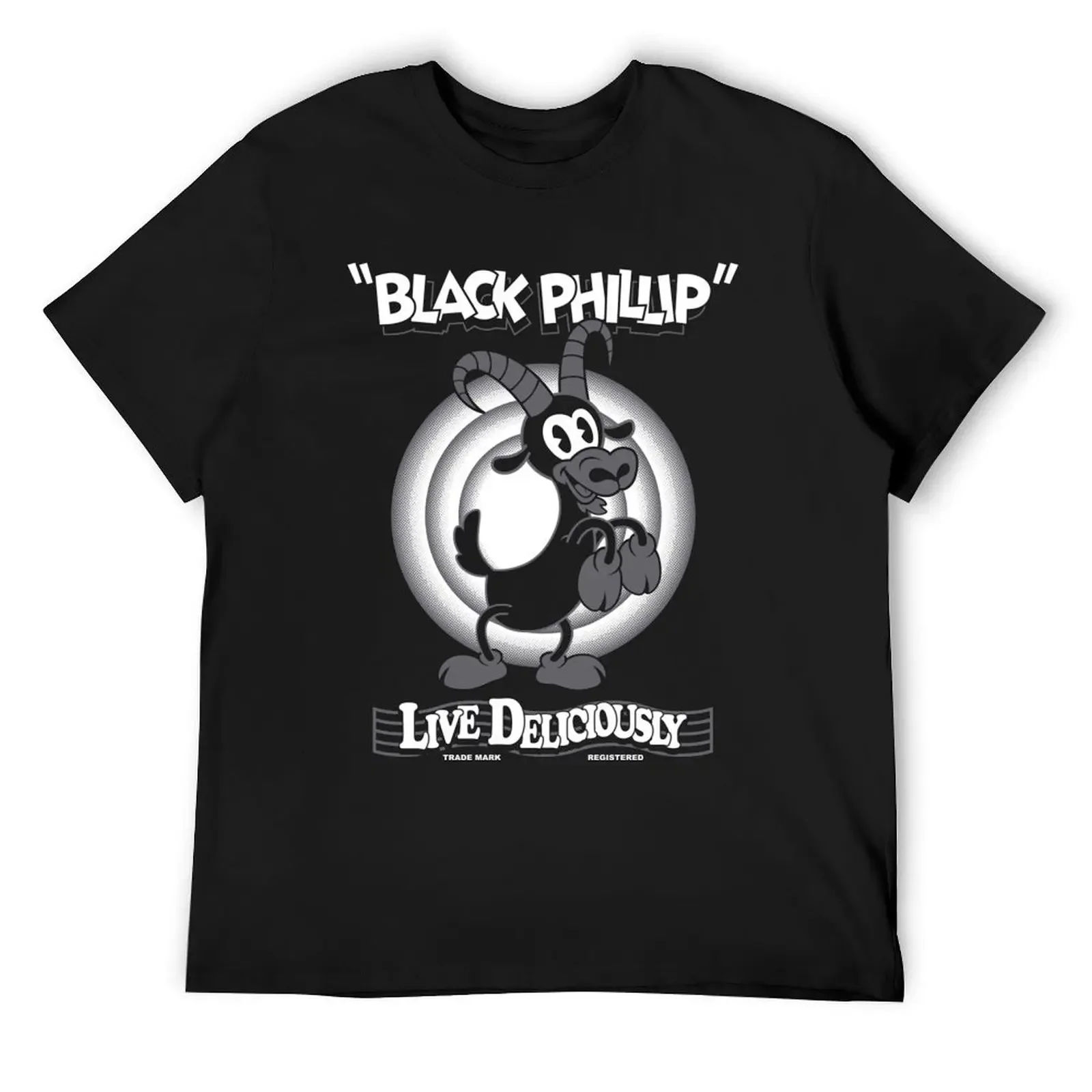 

Black Phillip - Vintage Cartoon - Witch - Goth Occult Live Deliciously Classic . T-Shirt blacks blue lock Men's cotton t-shirt