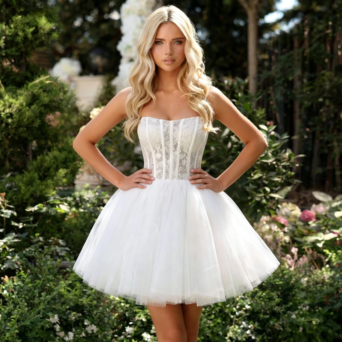 

Classic Tulle Strapless Short Wedding Dress For Bride Mini Homecoming Dress Appliques Lace Bridal Gown For Women Vestidos Novia