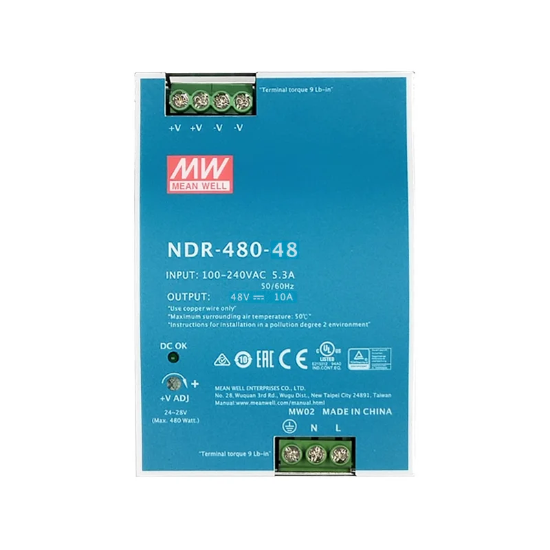 NDR-480-48 AC-DC Single output Industrial DIN rail power supply; Output 48Vdc at 10A; metal case