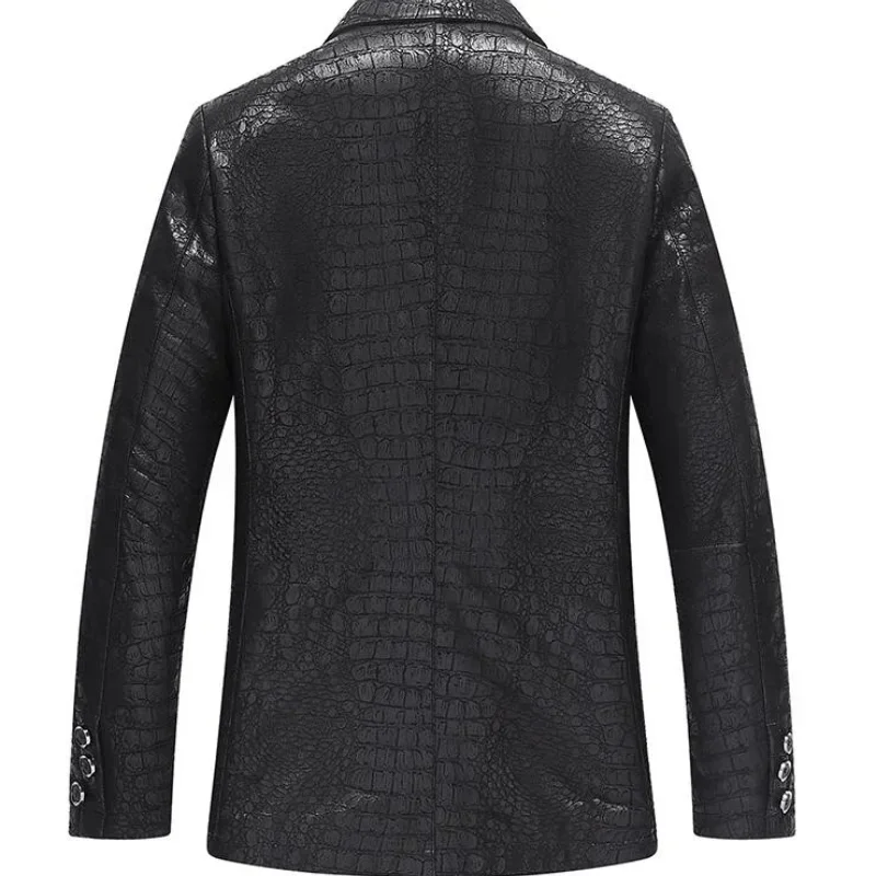 Pattern Crocodile Genuine Men Sheepskin Blazer Coats Fashion Men's Real Leather Black Suit Jacket