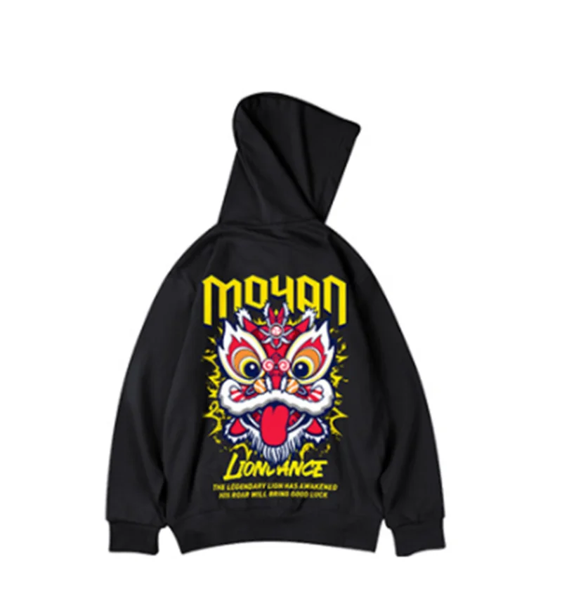 Good Luck Lion Dance Print Men Hoodies Casual Funny Fleece Loose Sweatshirts Oversized High Street Y2K Pullover Hoodie Clothes