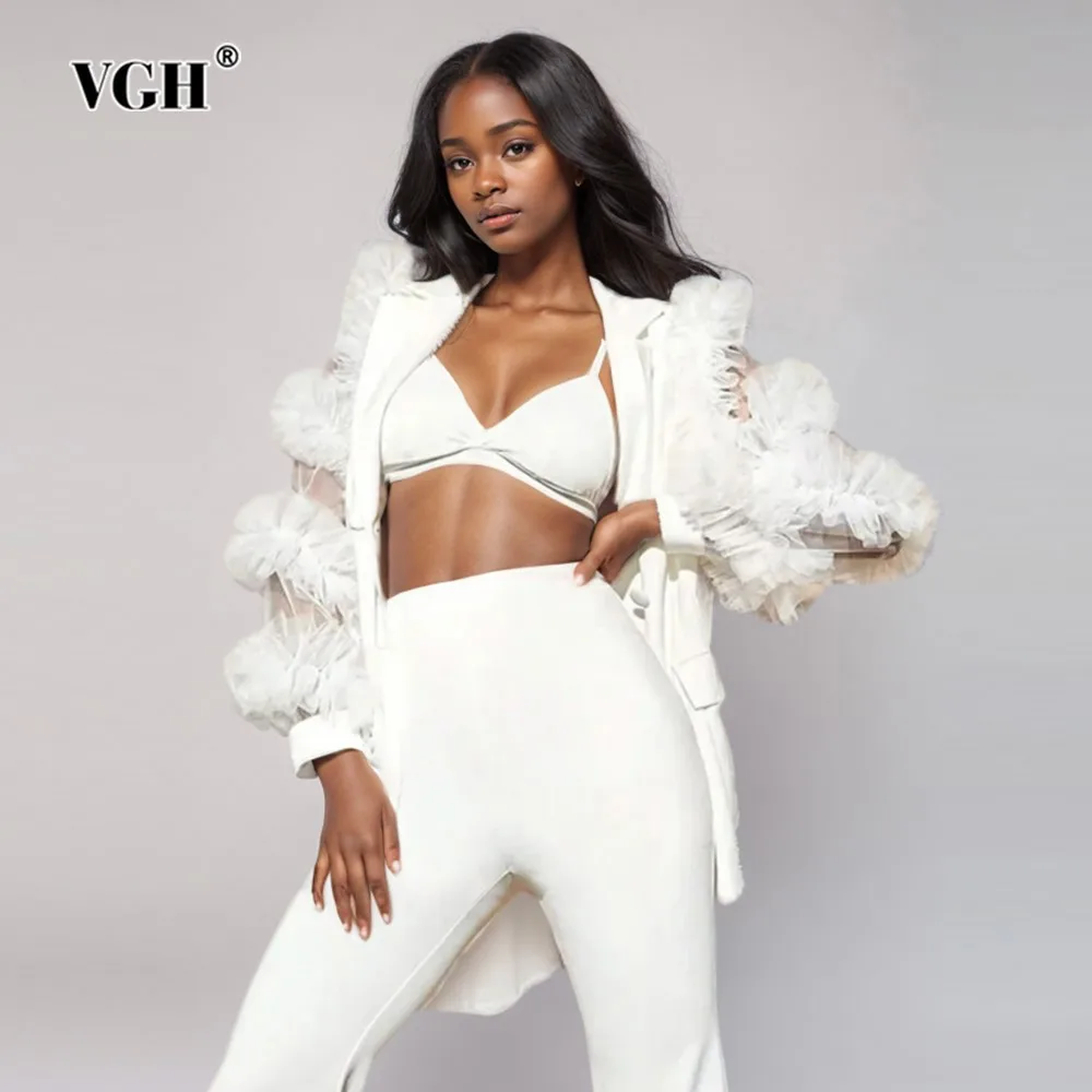 

VGH Patchwork Mesh Loose Blazers For Women Notched Collar Long Sleeve Spliced Double Breasted Solid Blazer Female Fashion New