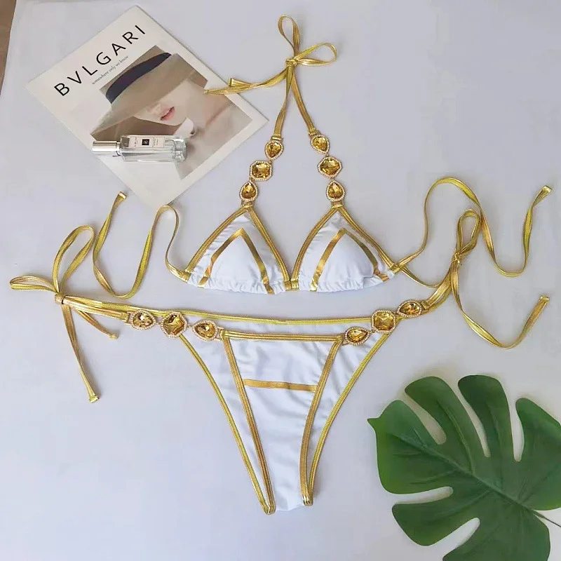 Bikini brasileño con diamantes de imitación para mujer, traje de baño femenino, conjunto de Bikini de dos piezas, 2024