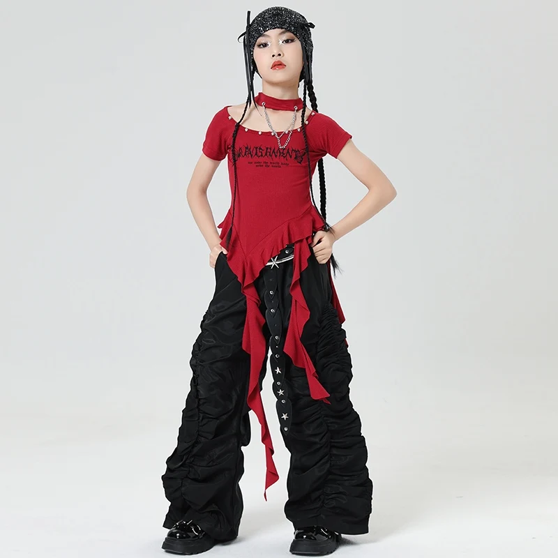 جديد الفتيات مجموعة الجاز الرقص أزياء مسرحية للفتيات بلوزات حمراء السراويل السوداء وتتسابق الهيب هوب الرقص تظهر المرحلة ارتداء DQS19685