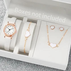 5pcs/set Women Small White Leather Band Quartz Watch with Heart-shaped Jewelry Set