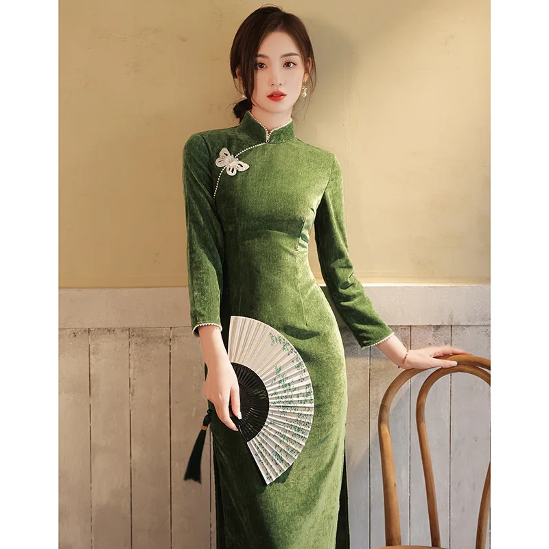 

Green Long Split Qipao Sexy Dresses Velour Qipao Elegant Cheongsam for Women Autumn New Vestidos New Chinese Style Dresses