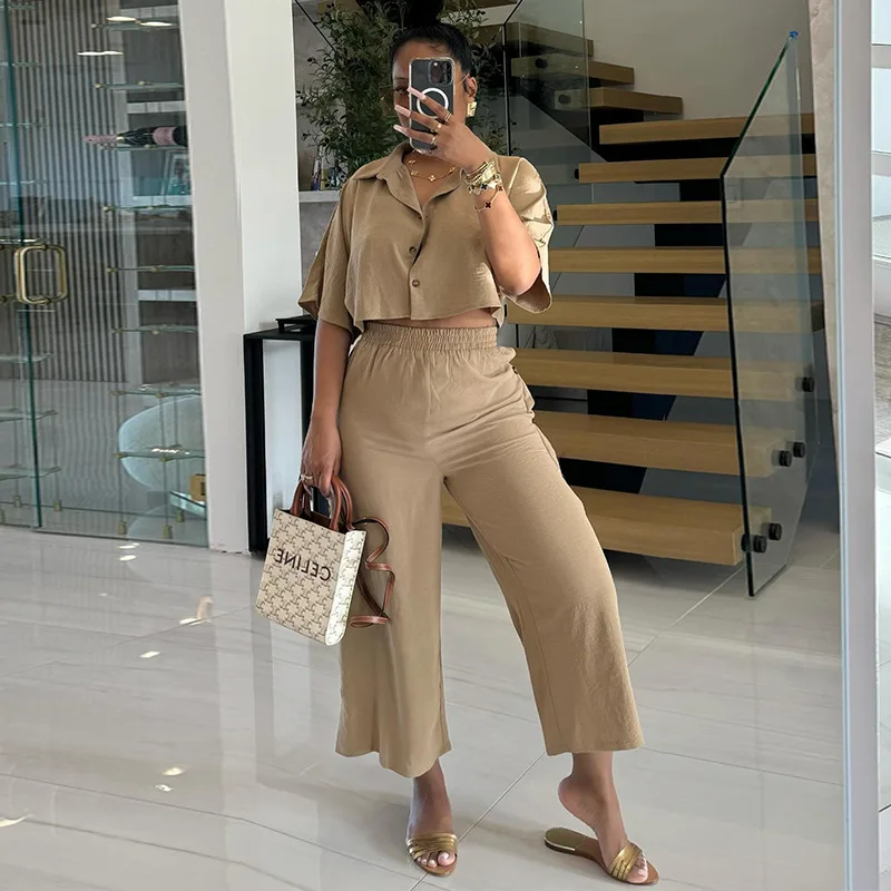 Casual Summer 2024 Women New Style Clothes High Waist Wide Leg Pants 2 Two Piece Outfits Button Down Ankle Loose Lounge Pant Set