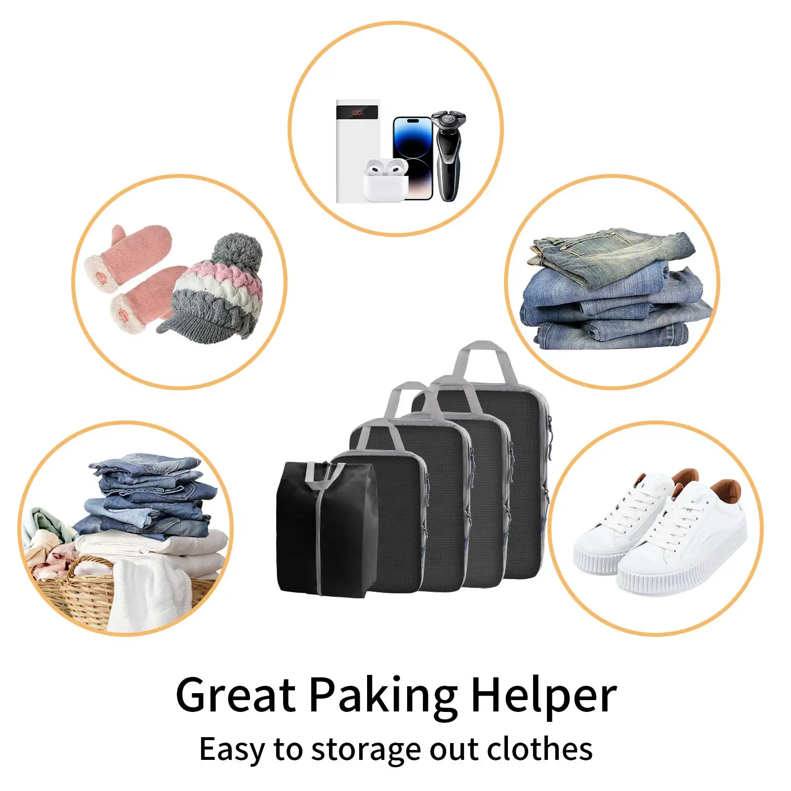 5/8pc Set Compression Packing Cube Extensible Waterproof Organizer Bags for Travel Suitcase Clothing Luggage Sorting W/ Shoe Bag