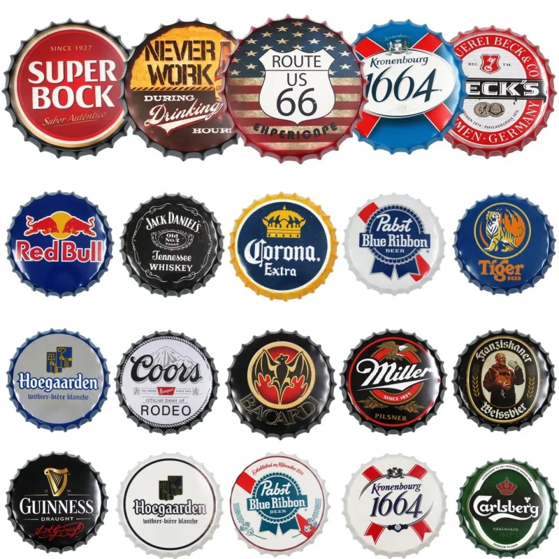 Vintage Bottle Cap Decor Drink Beer Brand Tin Signs Plaque Decorative Metal Sign for Restaurant Kitchen Bar Club Wall Decoration