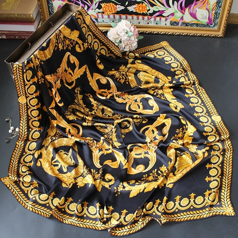 High-end Elegant Women\'s Fashion Baroque Totem BlackGold Print Quality Plain Crepe Satin Silk Hand-rolled Edge Large Scarf Shawl