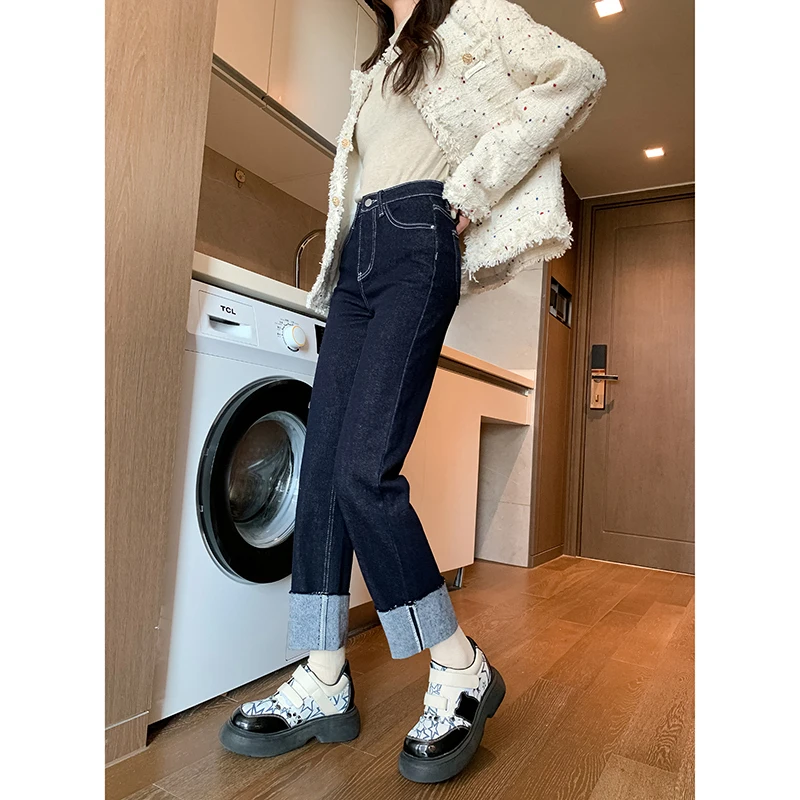 Lose Damen Straight Jeans Freizeit Straight Tube Vintage Hohe Taille Koreanische Y2K Denim Hose Baggy Schwarz Grau Schlankheitskomfort