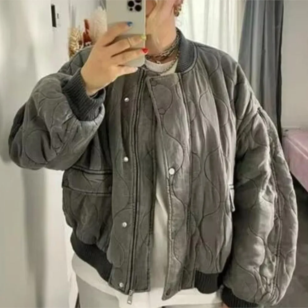 Veste matelassurera à col en V pour femme, manteau aviateur matelassé, manches lanterne, boutons ouverts, décontracté, automne, hiver, pilote