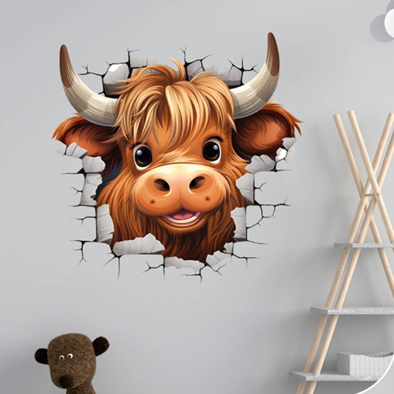 3D Broken Wall Hole Art Cute Funny Cartoon Ox Head Vinyl Mural Stickers Home Decoration for Kids Room Bedroom Bathroom Toilet