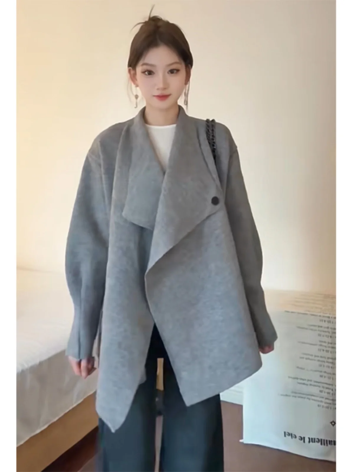 

Открытый кардиган Ele ey большого размера, вязаный длинный свободный женский осенне-зимний пальто с модным воротником, удобное повседневное пальто