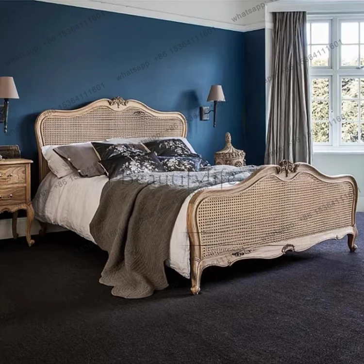 

Nordic French rattan solid wood creative carved double bed American country showroom furniture