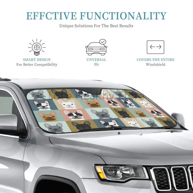 

Cute French Bulldog Art Print Car Windshield Sun Shade Front Window Sunshade Blocks UV Rays Automotive Visor Interior Protector
