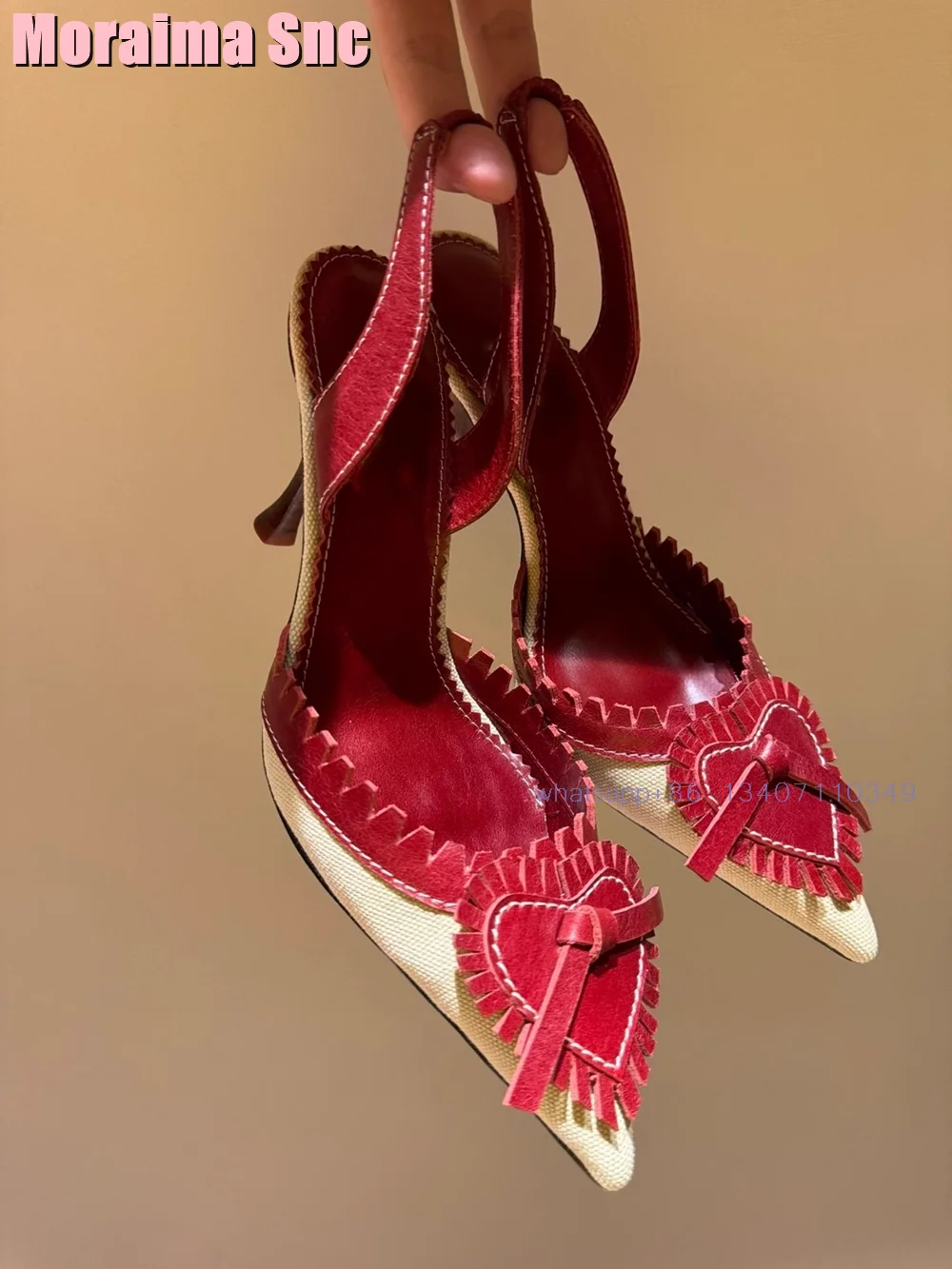 Szpiczaste Toe serce sandały z frędzlami Patchwork Slingback Slip On płytkie Vintage moda damska szpilki buty 2024 najnowszy