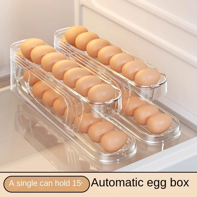 

Automatic Scrolling Egg Rack Holder Storage Box Egg Basket Container Organizer Rolldown Refrigerator Egg Dispenser for Kitchen