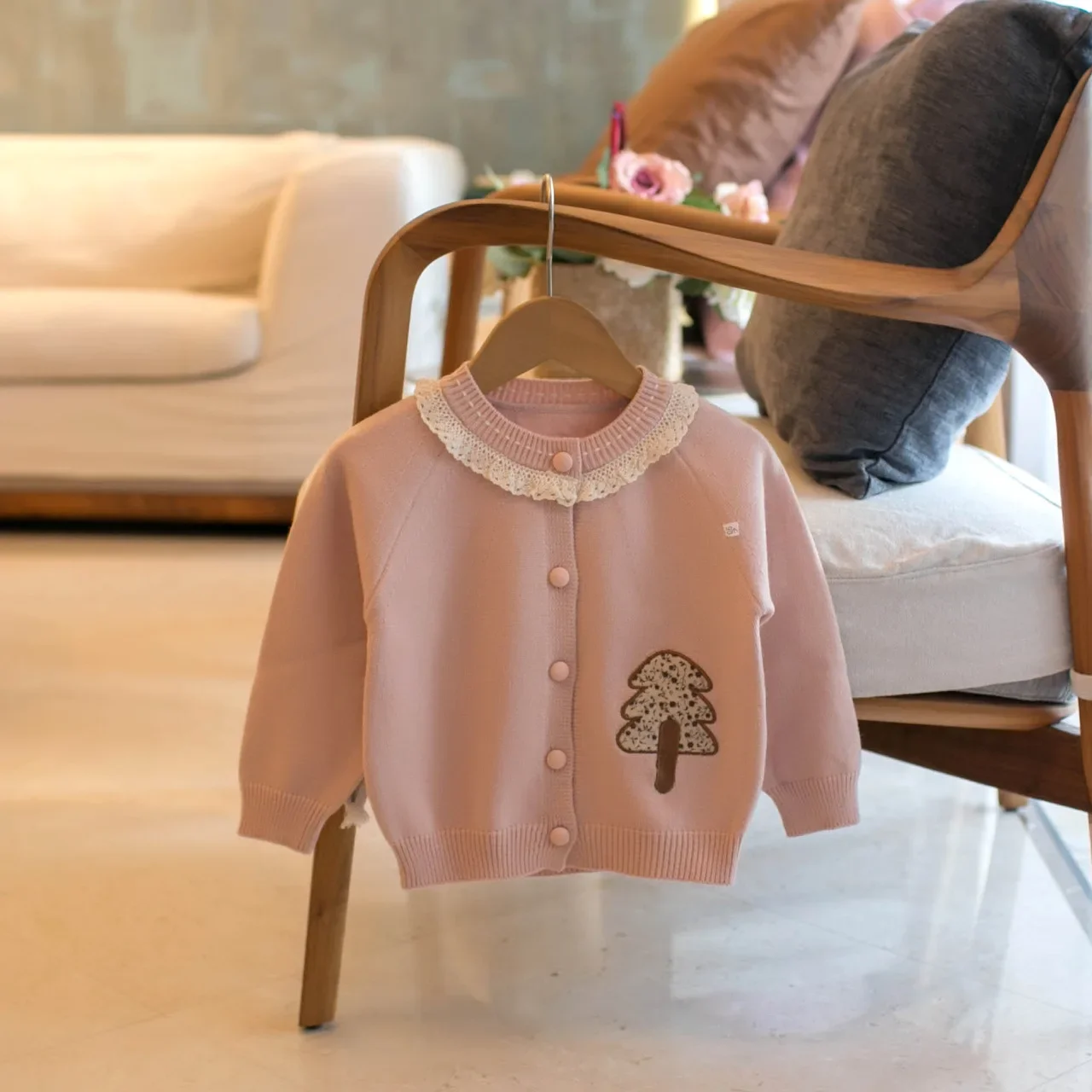 

Cartoon Tree Toddler Knit Cardigan Lace Collar Autumn Warm Sweater Cute Sweet Outwear for 0-5Y Baby Girls Boys