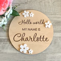 Personalized Baby Announcement Sign Daisy Flowers Wooden Birth Plaque Hello World Custom Baby Name Sign Floral Sign for Newborn