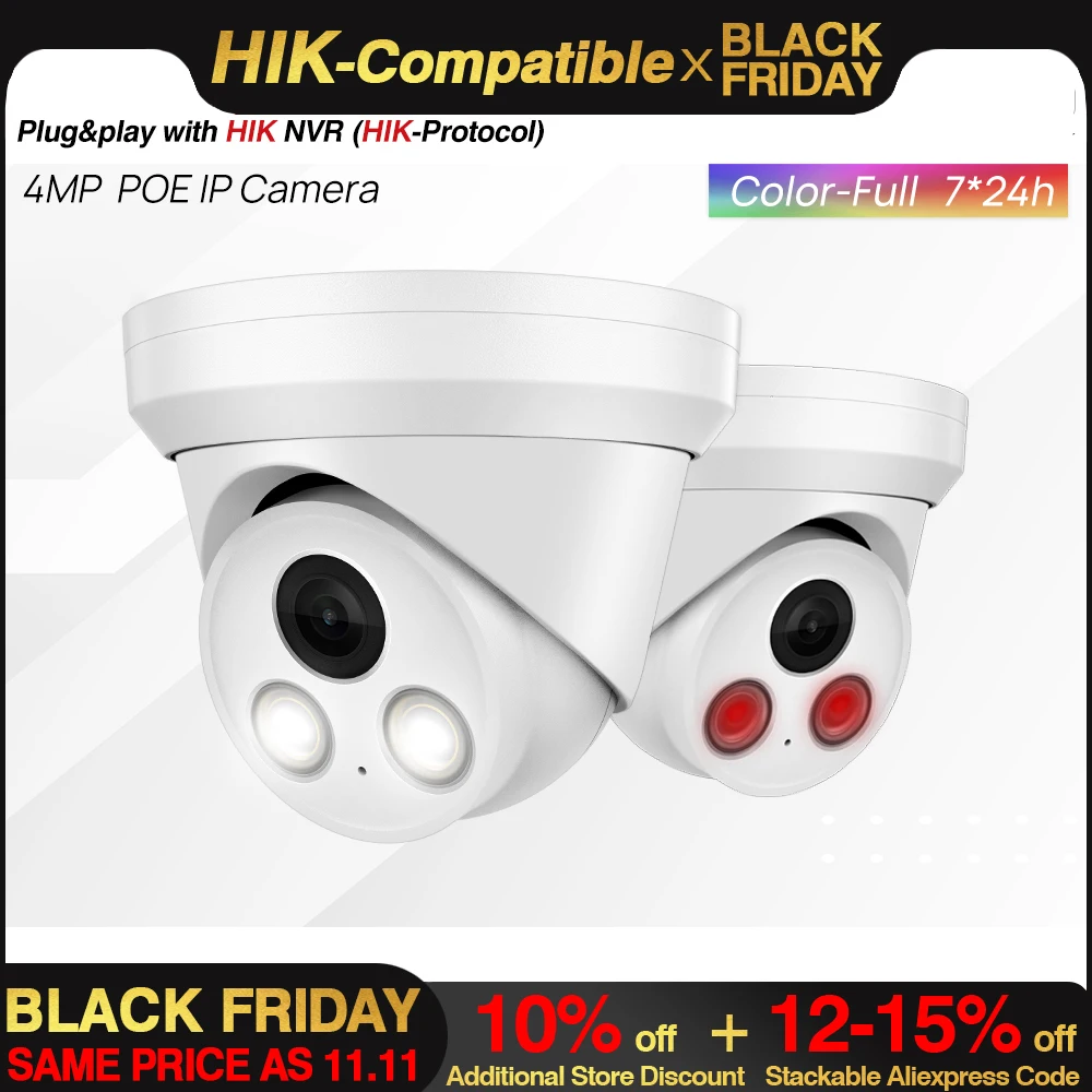 Hikvision Compatible 4MP ColorVu POE IP Camera IR Night Colorful 2K Build in MiC IP67 H.265 Human Vehice Security Detect CCTV