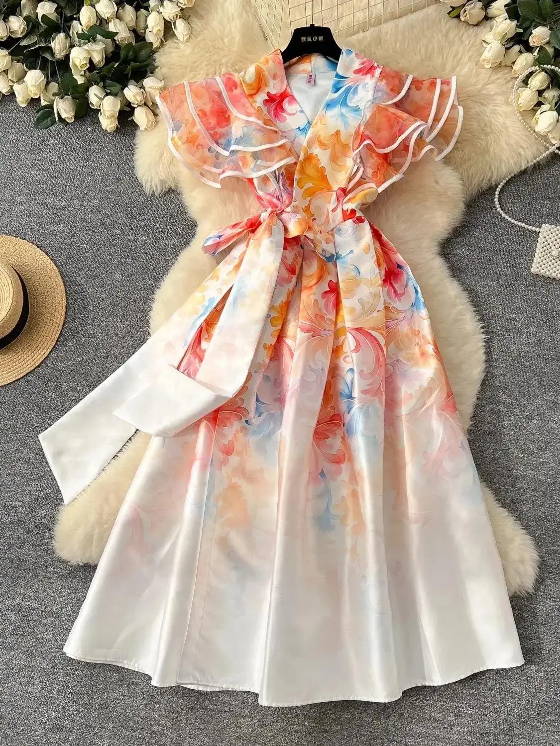 Mulheres com decote em v bandagem rendas até camada babados vestidos longos francês elegante floral impressão bola para baixo festa à noite envoltório vestidos