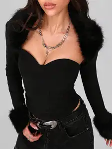 2pcs Women's Faux Fur Collar Bandeau Top & Open Front Jacket Set, Sexy Night Out Outfit