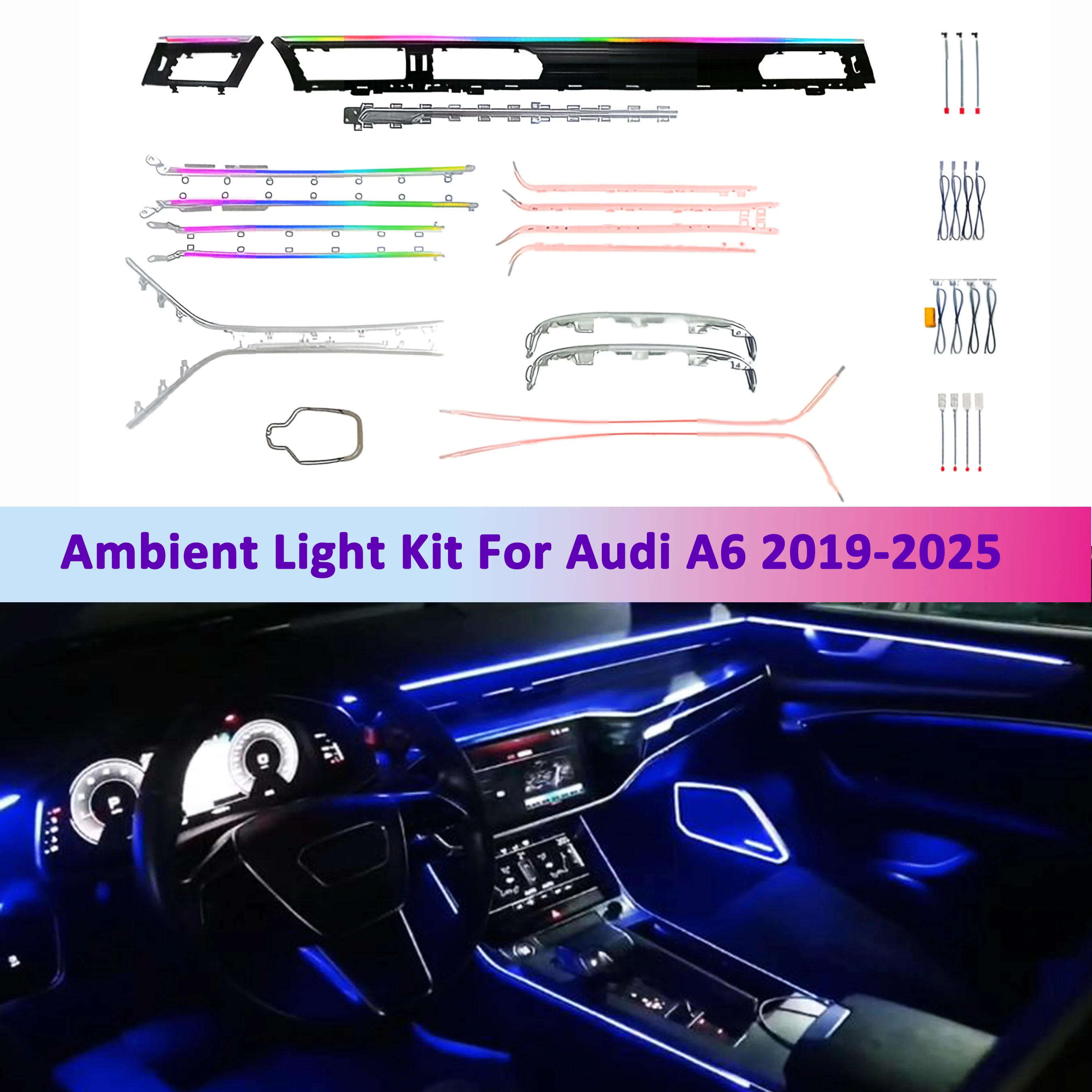 Ambient Light Kit For Audi A6 2019-2025 Interior LED 64 Color Symphony Dynamic Atmosphere Lamp APP Control