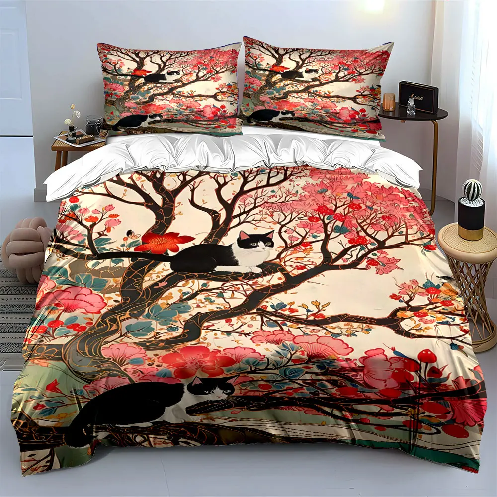 Elegant cats floral tree pattern Print Bedding Set 1 Duvet Cover 2 Pillowcases for Adult and Children Luxury Gift Full Size