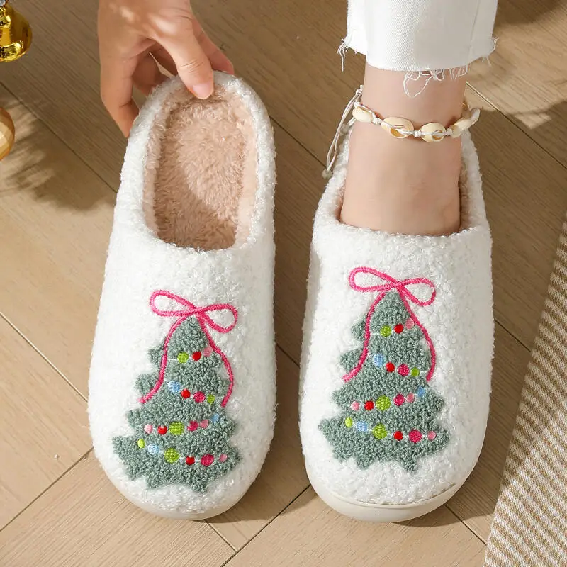 

Sweet Bowknot Embroidery Cotton Indoor Slippers Women 2025 Winter Comfort Flats Warm Plush Home Slippers Woman's Christmas Slide