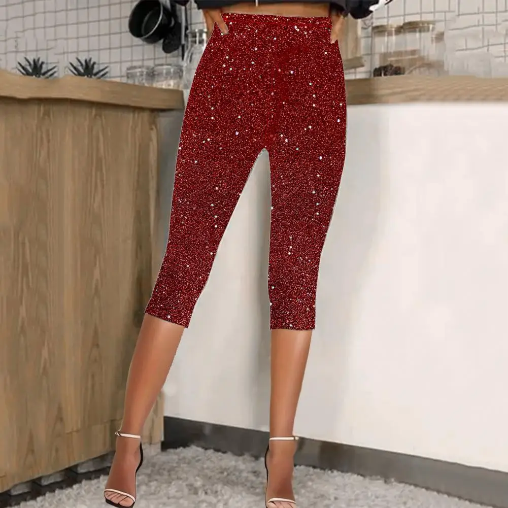 Sequined Calf-length Pants Women Cropped Pants Elastic High Waist Skinny Fit Shiny Sequins Pants Vacation Travel Casual Trousers