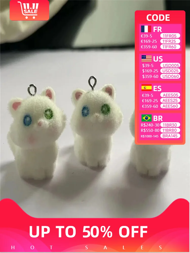 30pcs 3D Fluffy Flocking Persian Cat Animal Charms  Kawaii Miniature Dolls Keychain Pendant DIY Crafts Jewelry Make Accessories