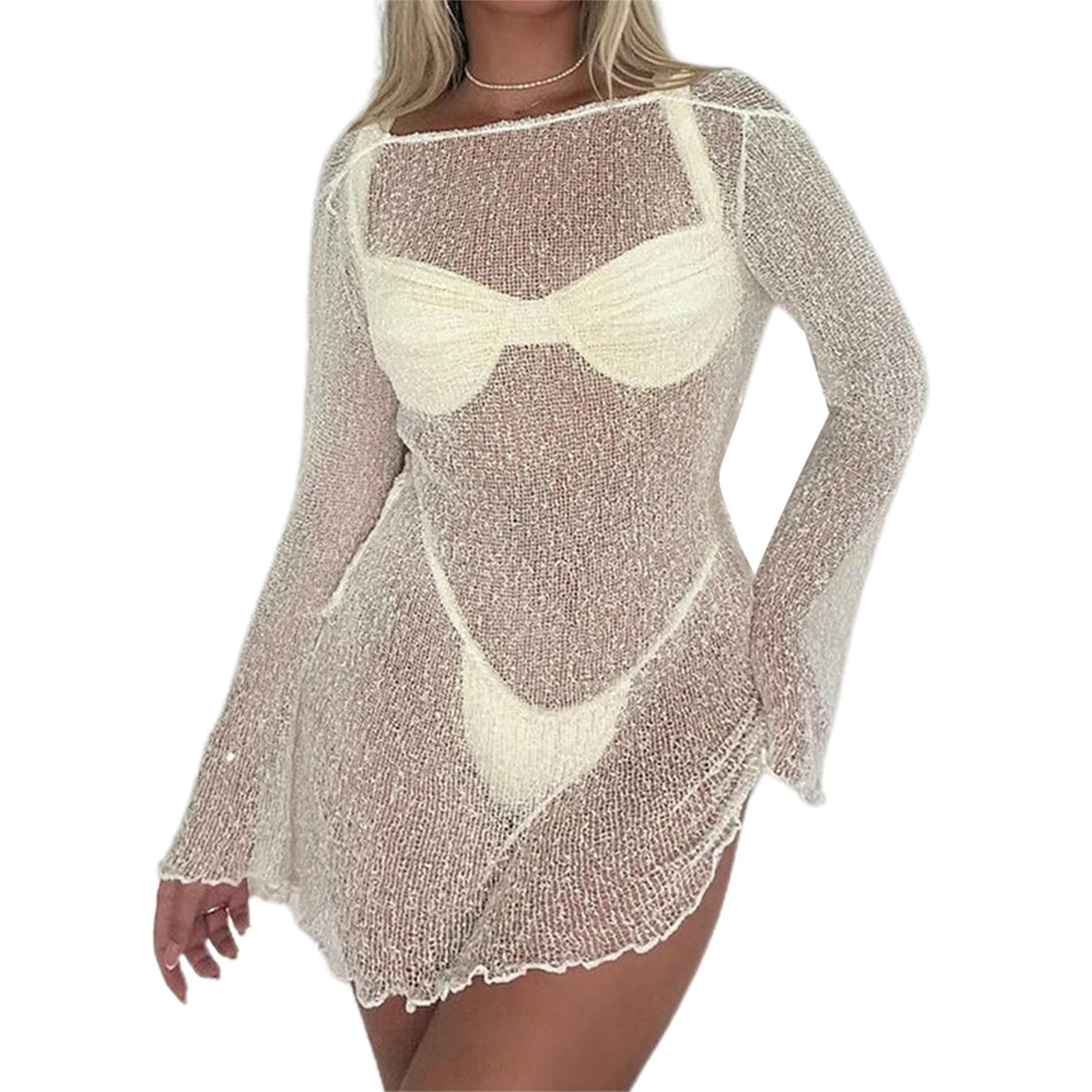 Yiiciovy Women Bikini Cover-Ups Sexy Ladies See-Through Long Sleeve Backless Beach Knitted Mini Dress Swimwear Sunscreen Dresses