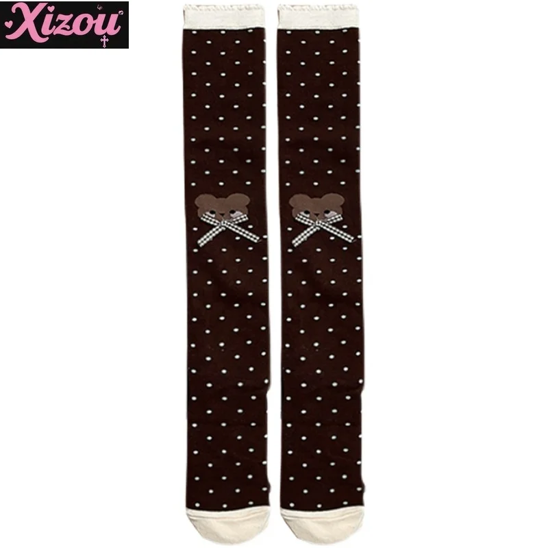 Japanese Cartoon Bear Polka Dot Bow Lolita Socks Women's Autumn Winter Knee Socks Thick Combed Cotton Socks Thin Leg Sock Female