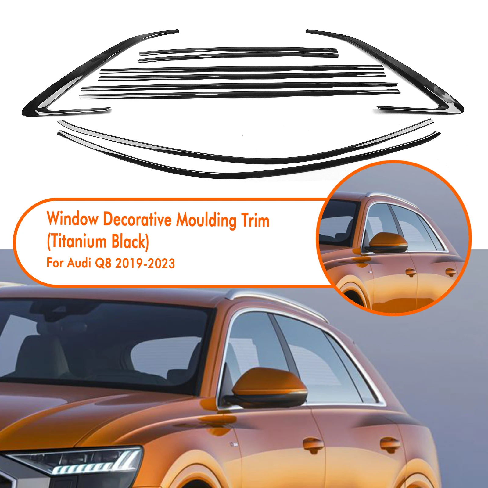 For AUDI Q8 2019-2024 Exterior Window Trim Strip Cover Titanium Black Door Waterproof Seal Shade Moulding Decorative