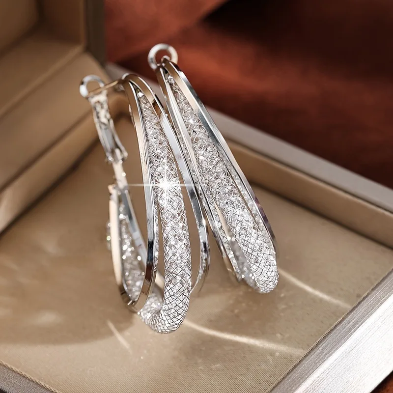 Hollow Net Crystal Hanging Earrings for Women Twist Metal Side Female Dangle S925 Silver Needle Earrings New Year Jewelry