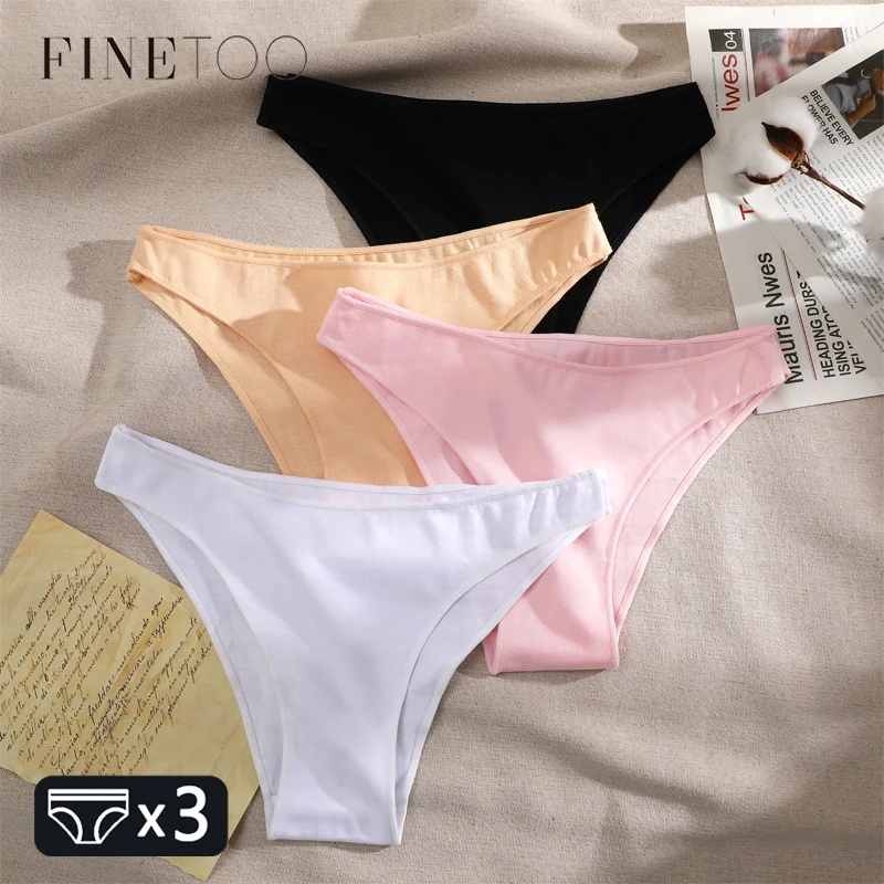 FINETOO 3PCS Women's Cotton Underwear Panties Sexy Solid Low Waist Briefs Ladies Breathable Underpants Plus Size Lingerie M-2XL