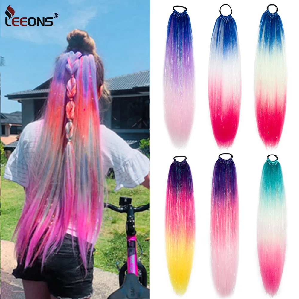 

New Ponytail Hair Extensions With Tinsel Ponytails Mix Sparkling Glitter Ez Braid With Rubber Band For Making Ponytail Diy 130G