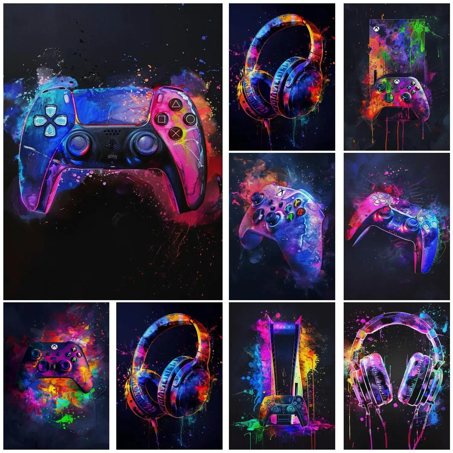 Watercolor Neon Video Game Canvas Posters XBOX Prints GamePad Headset Canvas Painting Gaming Wall Art Boys Gamer Room Home Decor