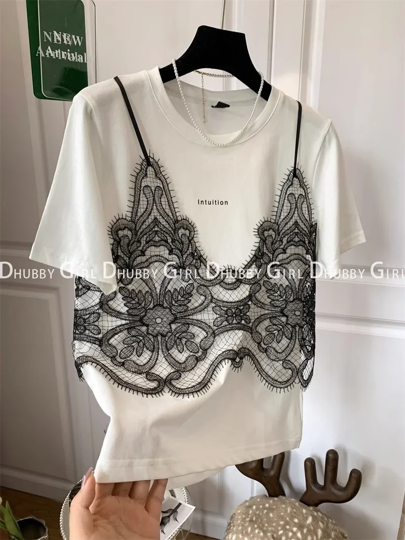 Summer Tshirts Women Fake Two Piece Chest Lace Stitching T-Shirt Fashion Tops Ladies Chic T-Shirt Female Short Sleeve Casual Tee