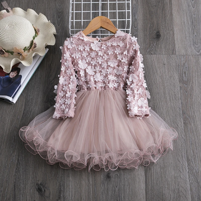 Flower Tulle Girls Party Dress Long Sleeve Autumn Winter Kids Casual Clothes Lace Birthday Wedding Princess Dress for Girls 3-8Y