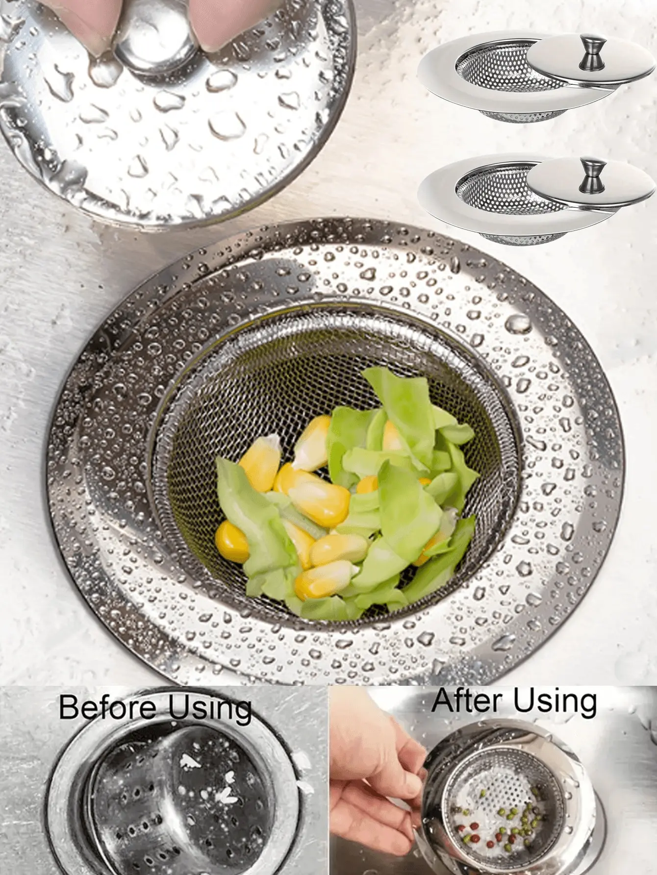 

2 Sets Stainless Steel Sink Strainers w/ Lids Food Collector Fits Most Sinks