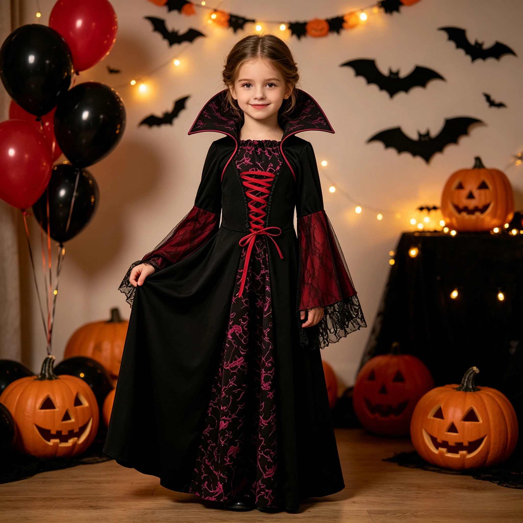 Mädchen Vampir-Königin Kostüm Retro Langes Kleid Stehkragen Spitzenärmel für Kinder Halloween-Party – Detail 8