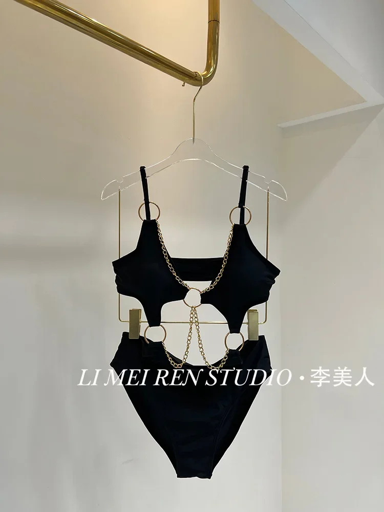 New style spicy girl gathers high-end black metal chain one-piece swimsuit