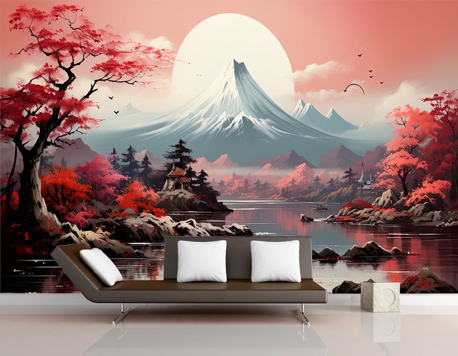 

Custom wallpaper ink landscape red forest snow mountain photo Bedroom living room study background wall painting wallpaper